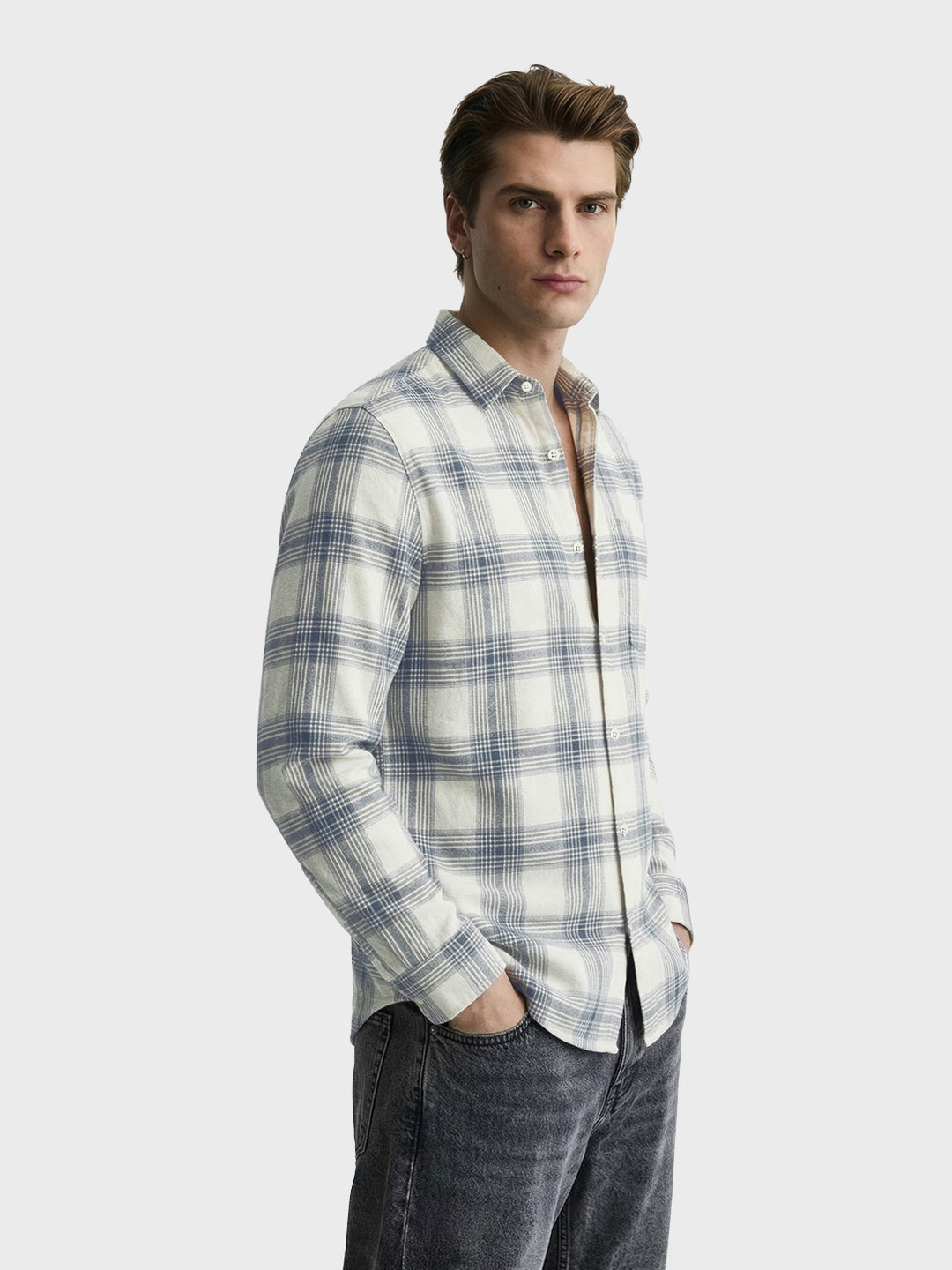 Men's Cream Slim Fit Checkered Casual Shirt