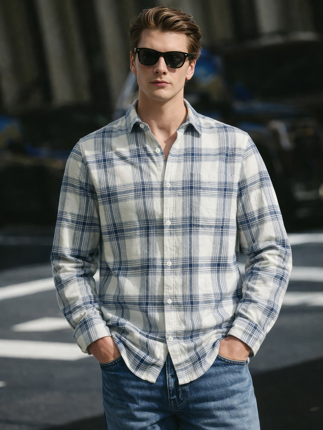 Men's Cream Slim Fit Checkered Casual Shirt