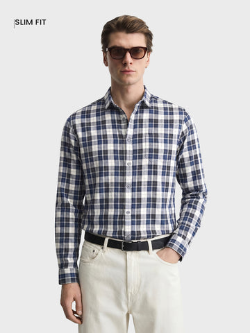 Men's Blue Slim Fit Checkered Casual Shirt