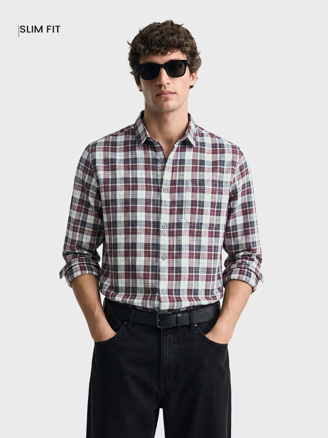 Men's Maroon Slim Fit Checkered Casual Shirt