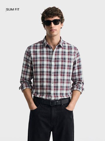 Men's Maroon Slim Fit Checkered Casual Shirt
