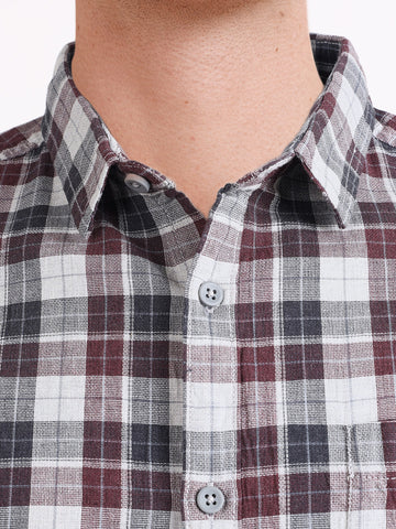 Men's Maroon Slim Fit Checkered Casual Shirt