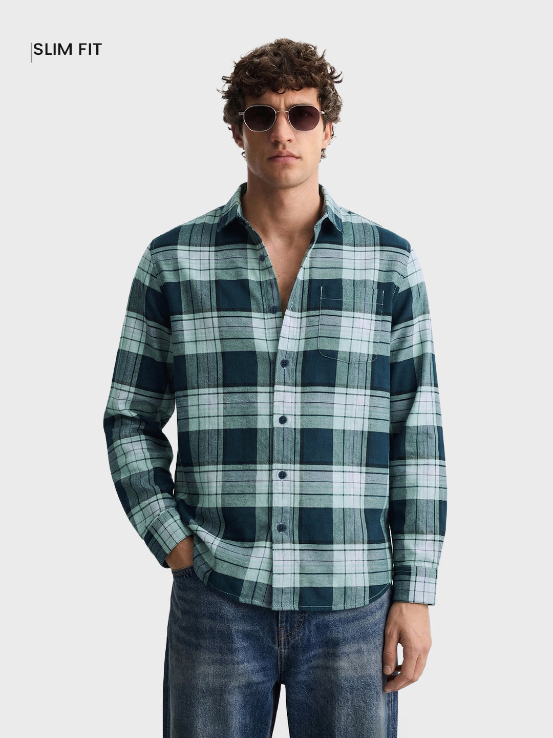 Men's Teal Regular Fit Checked Casual Shirt