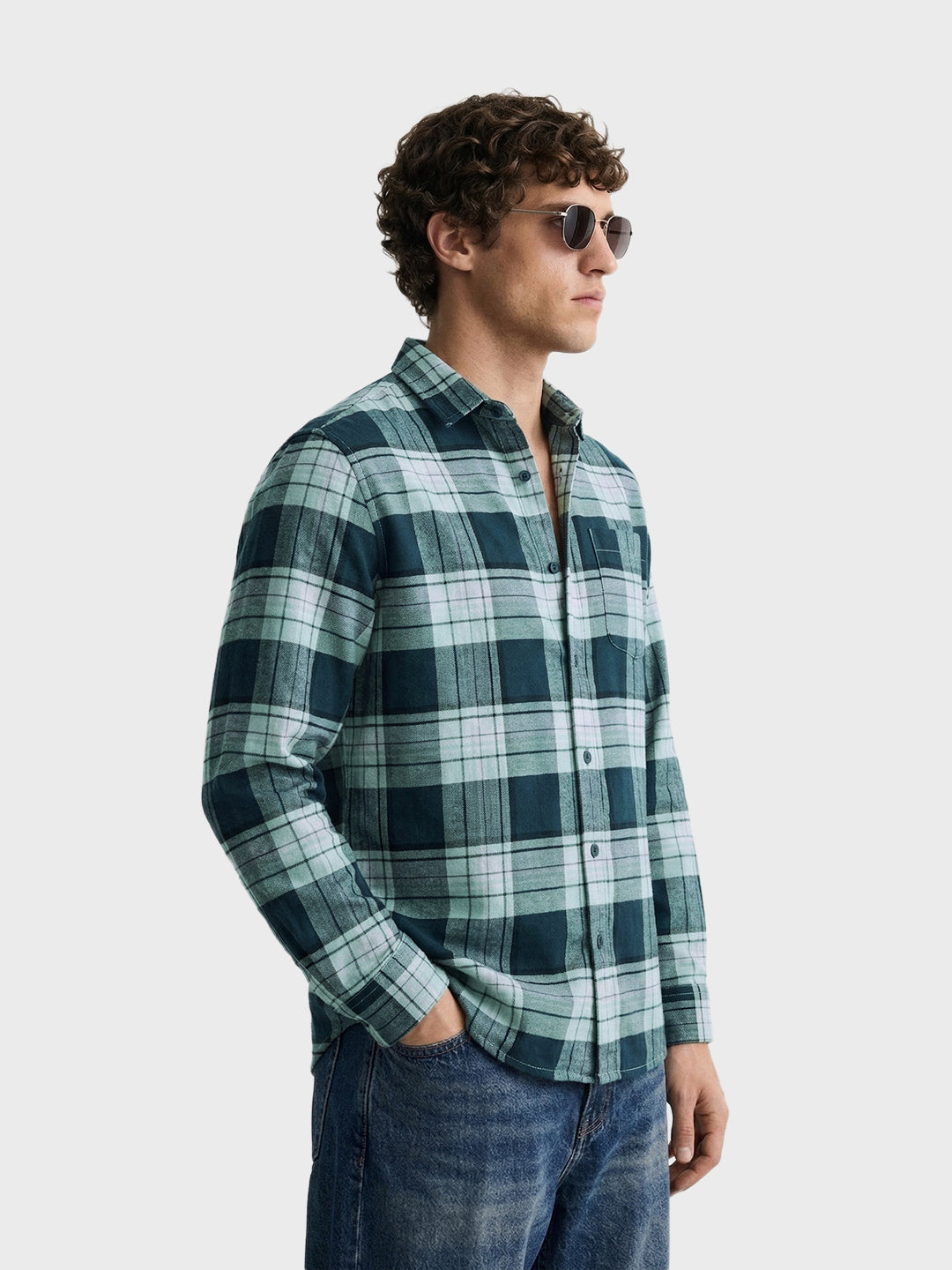 Men's Teal Regular Fit Checked Casual Shirt