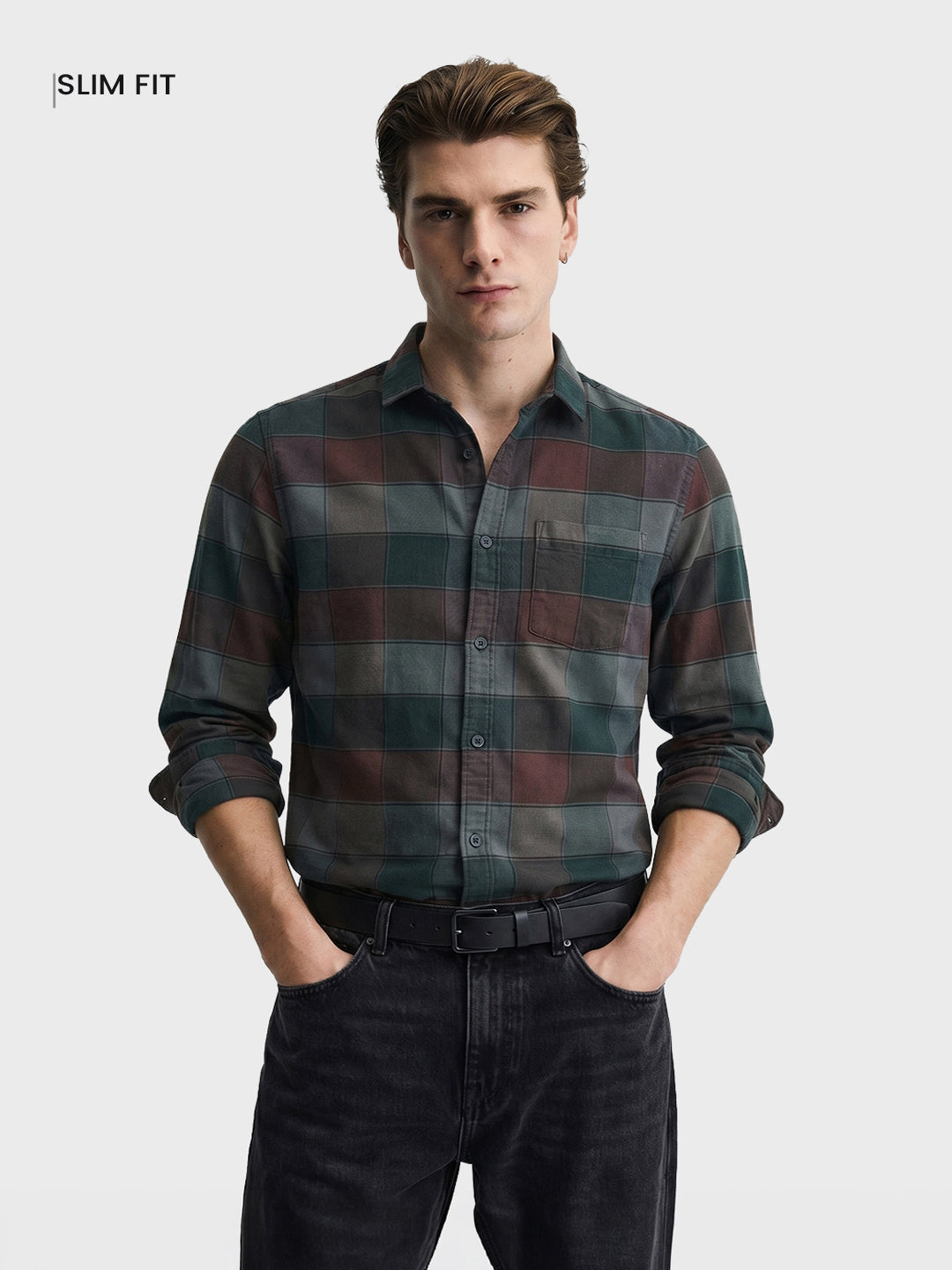 Men's Brown Slim Fit Checkered Casual Shirt