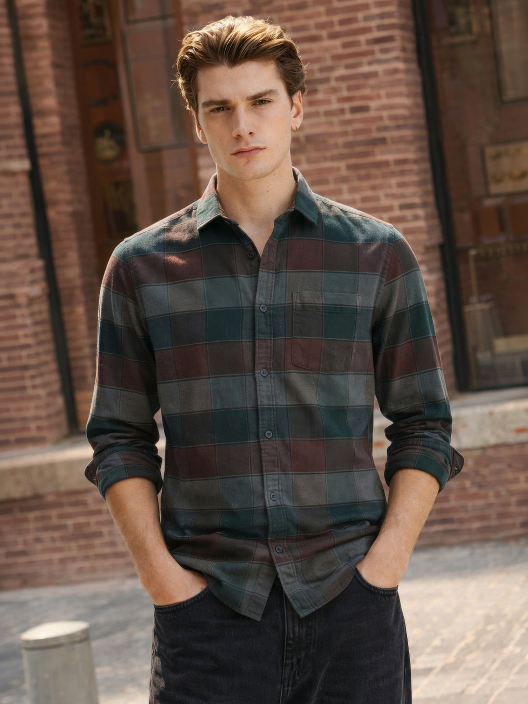Men's Brown Slim Fit Checkered Casual Shirt