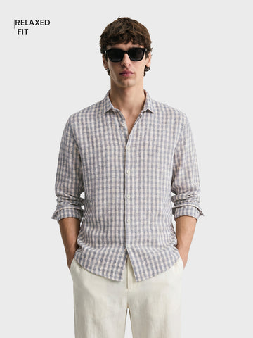 Men's Grey Relaxed Fit Checked Resort Wear Shirt