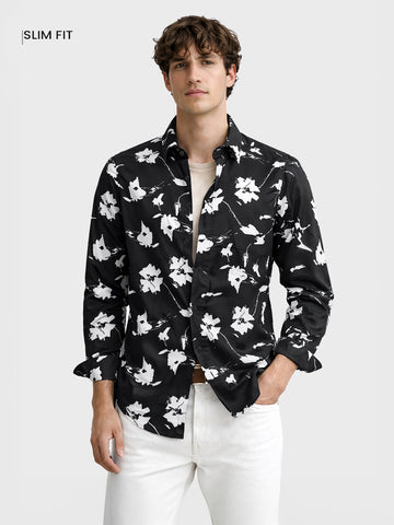 Men's Black Slim Fit Printed Party Wear Shirt