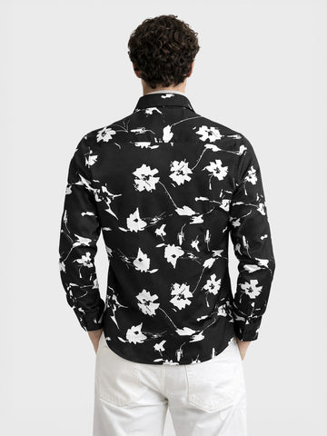 Men's Black Slim Fit Printed Party Wear Shirt