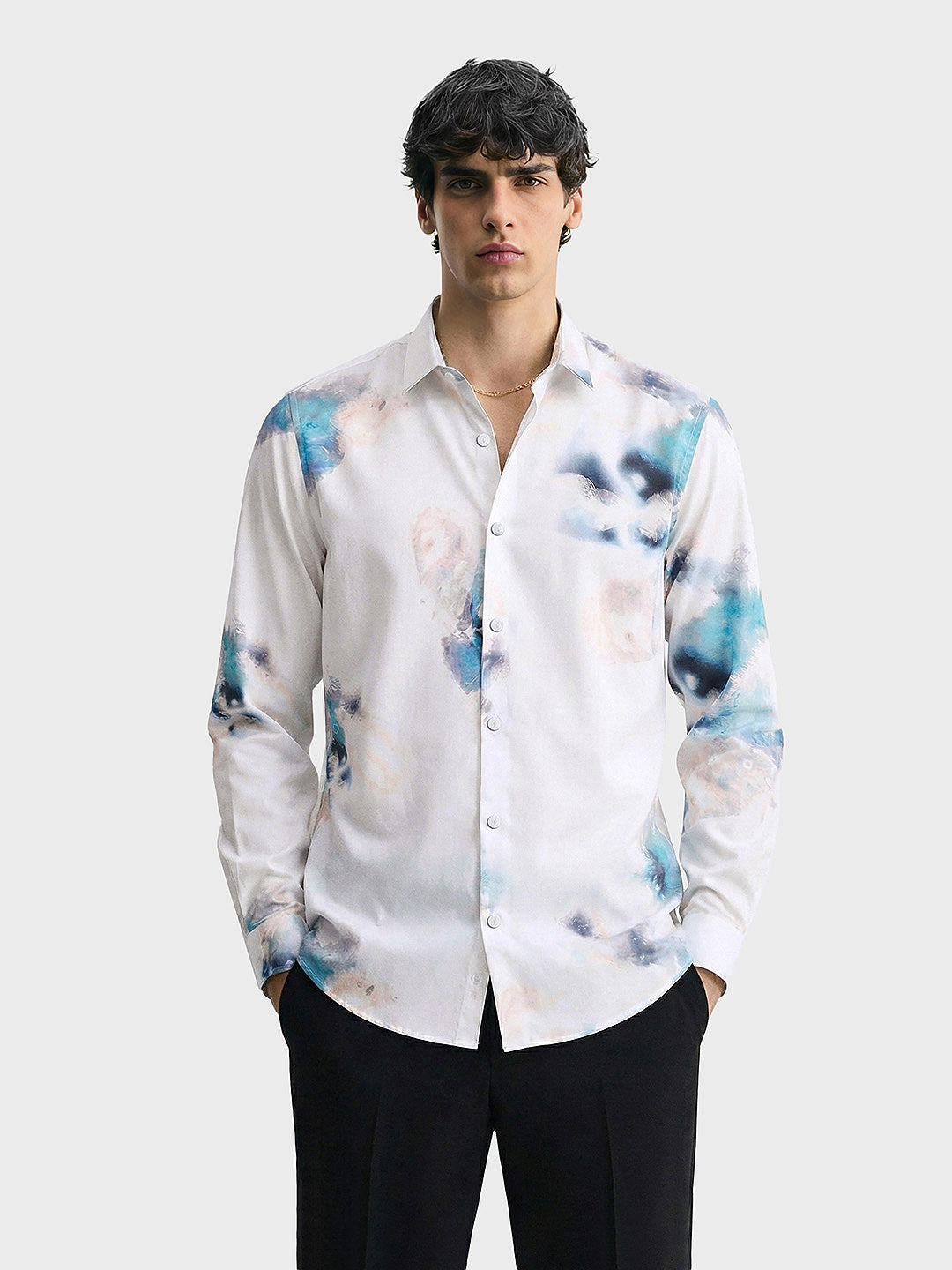Men's Grey Slim Fit Printed Party Wear Shirt