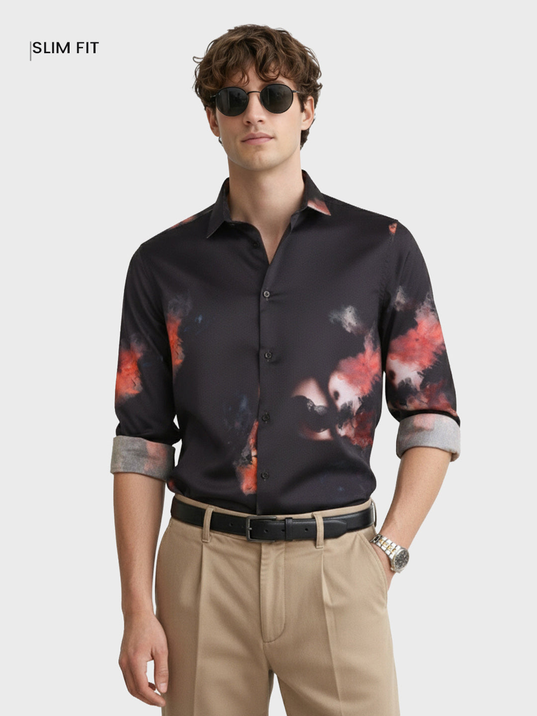 Men's Black Slim Fit Printed Party Wear Shirt