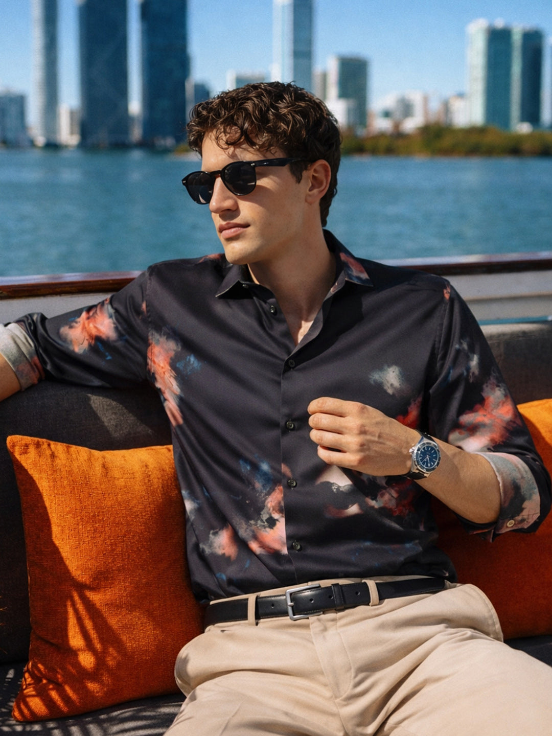 Men's Black Slim Fit Printed Party Wear Shirt