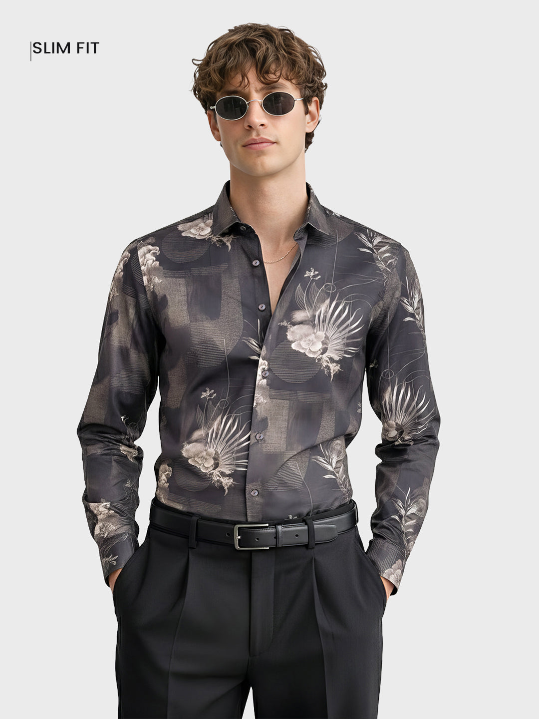 Men's Black Slim Fit Printed Party Wear Shirt