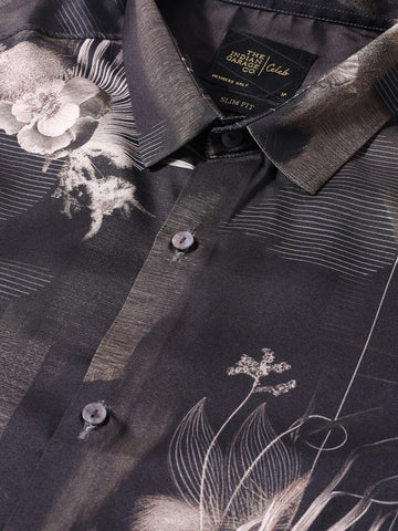 Men's Black Slim Fit Printed Party Wear Shirt