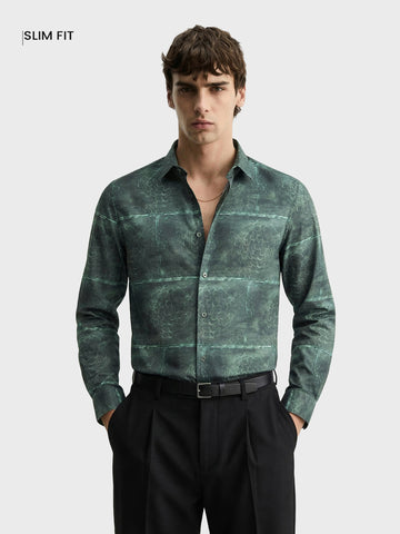 Men's Green Slim Fit Printed Party Wear Shirt