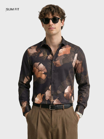Men's Black Slim Fit Printed Party Wear Shirt