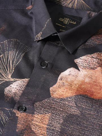 Men's Black Slim Fit Printed Party Wear Shirt