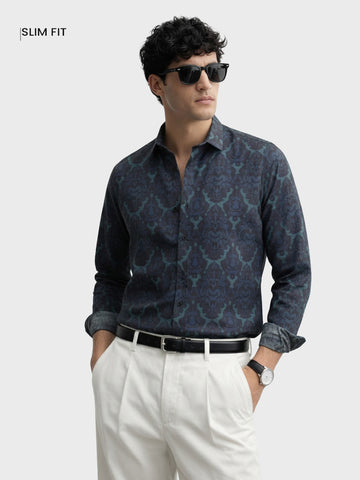 Men's Green Slim Fit Printed Party Wear Shirt