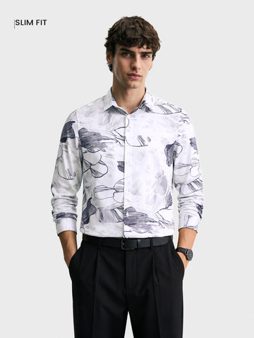 Men's White Slim Fit Printed Party Wear Shirt