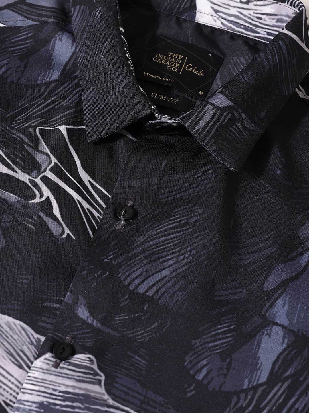 Men's Black Slim Fit Printed Party Wear Shirt