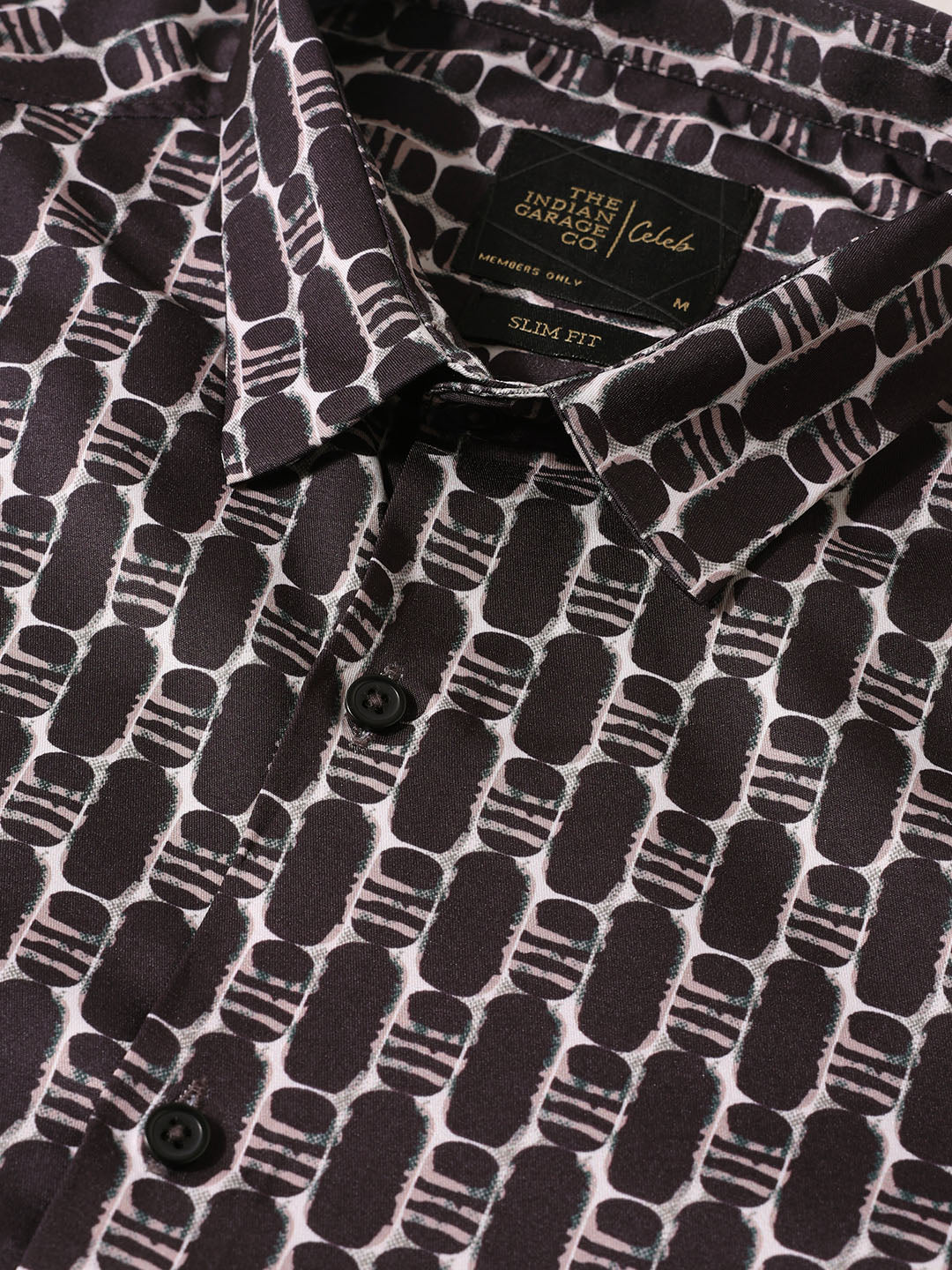 Men's Brown Slim Fit Printed Party Wear Shirt