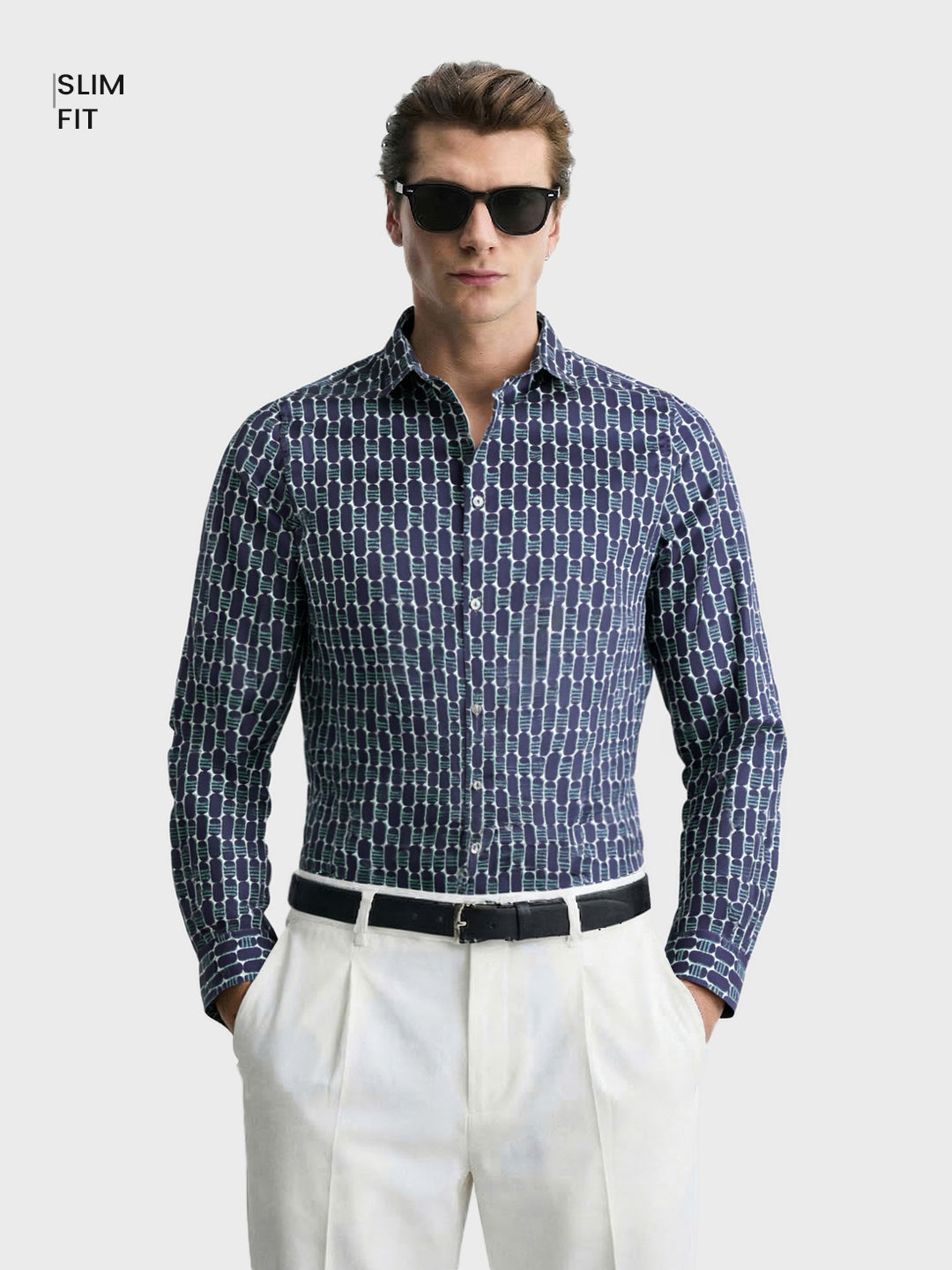 Men's Navy Blue Slim Fit Printed Party Wear Shirt