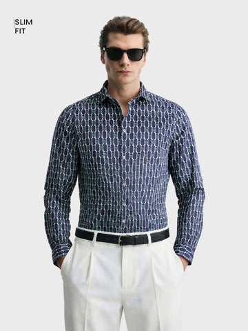 Men's Blue Slim Fit Printed Party Wear Shirt