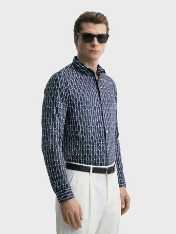 Men's Blue Slim Fit Printed Party Wear Shirt