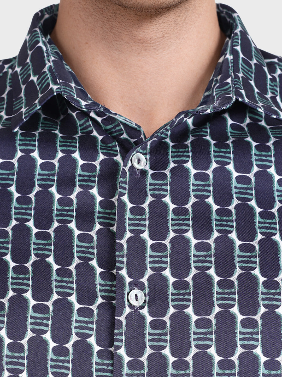 Men's Navy Blue Slim Fit Printed Party Wear Shirt