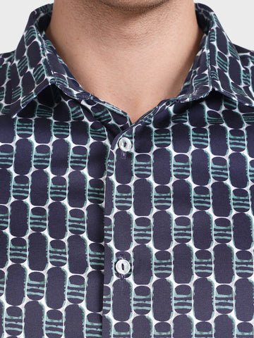 Men's Blue Slim Fit Printed Party Wear Shirt