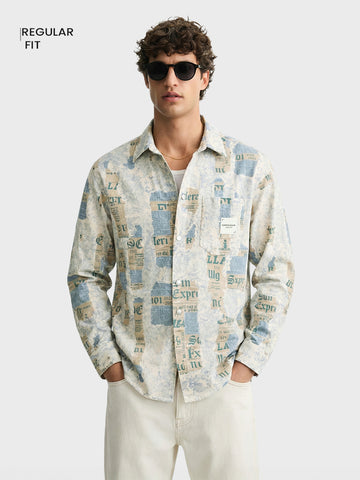 Men's Blue Regular Fit Printed Casual Shirt