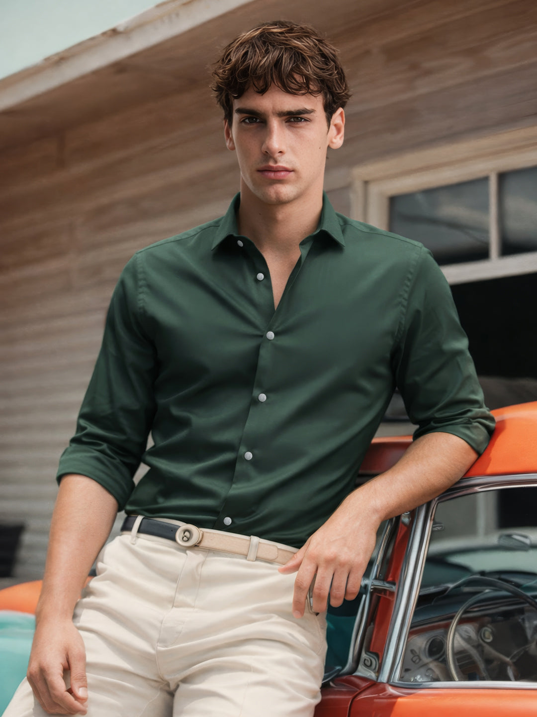 Olive linen shirt — mockup photo