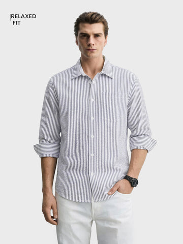 Men's Blue Relaxed Fit Striped Casual Shirt