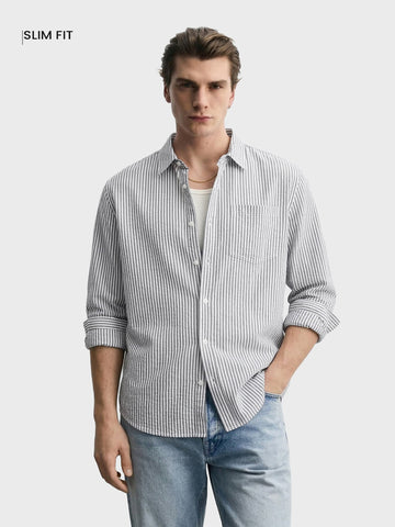 Men's Grey Oversized Fit Striped Casual Shirt