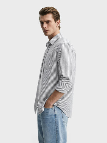 Men's Grey Oversized Fit Striped Casual Shirt