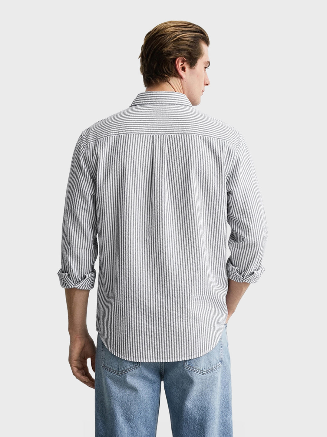 Men's Grey Oversized Fit Striped Casual Shirt
