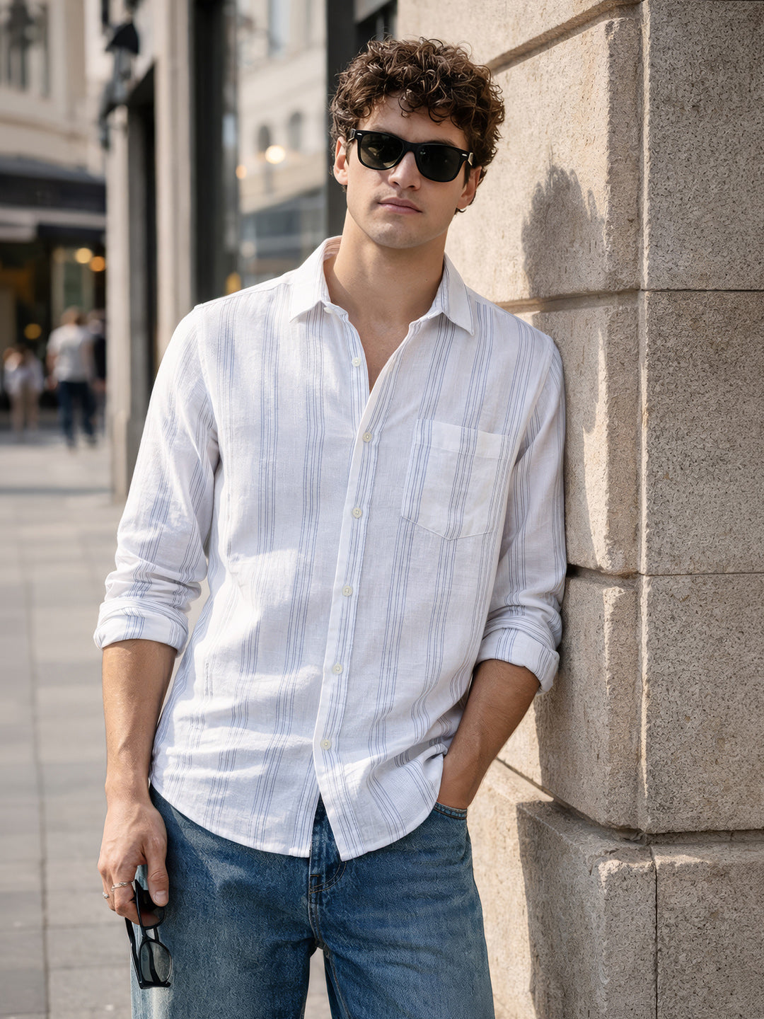 Men's White Slim Fit Striped Casual Shirt