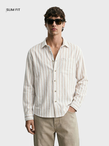 Men's Khaki Relaxed Fit Striped Casual Shirt