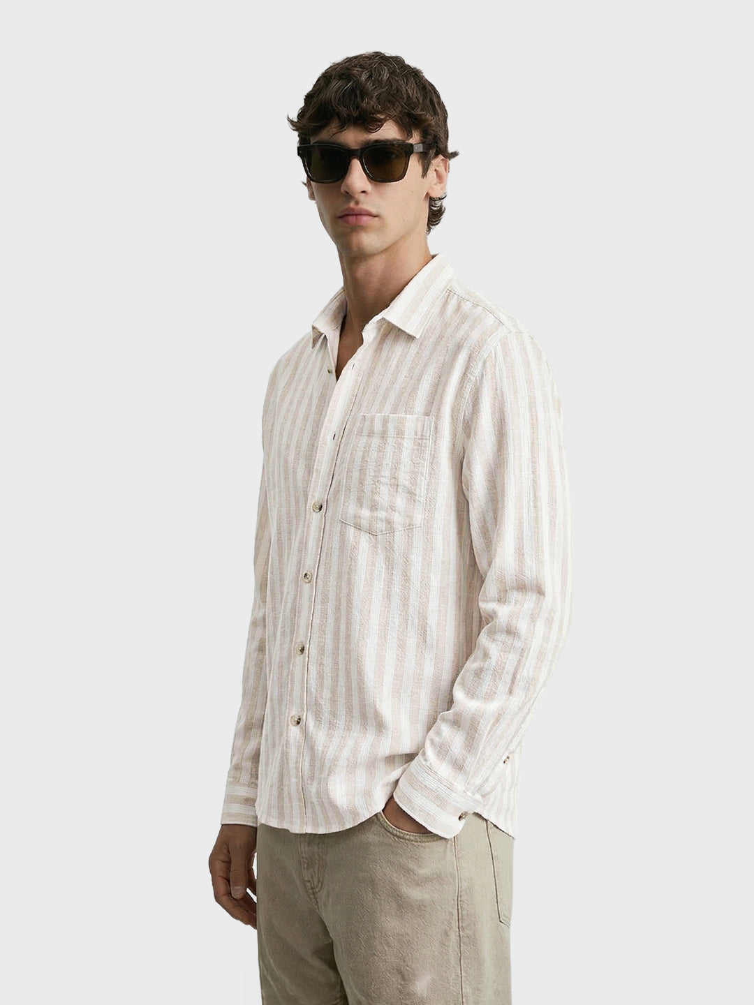 Men's Khaki Relaxed Fit Striped Casual Shirt