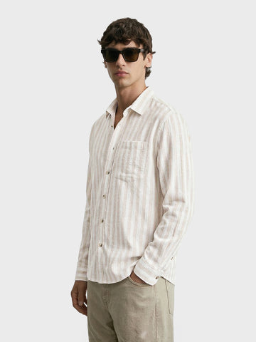Men's Khaki Relaxed Fit Striped Casual Shirt