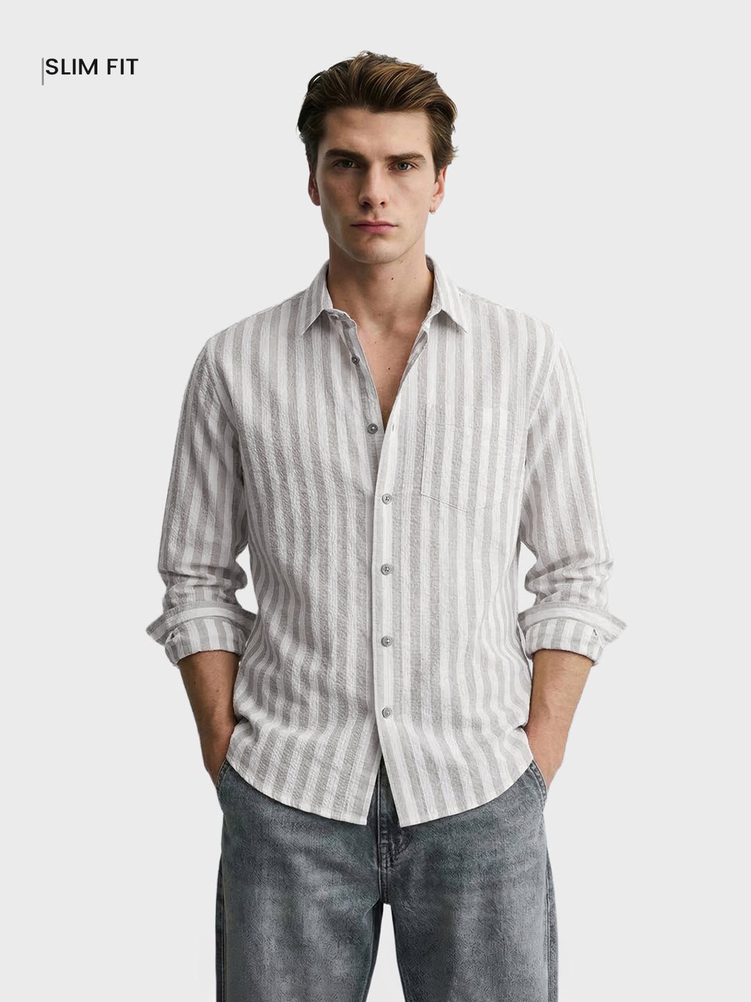 Men's Grey Relaxed Fit Striped Casual Shirt