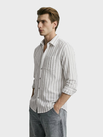 Men's Grey Relaxed Fit Striped Casual Shirt
