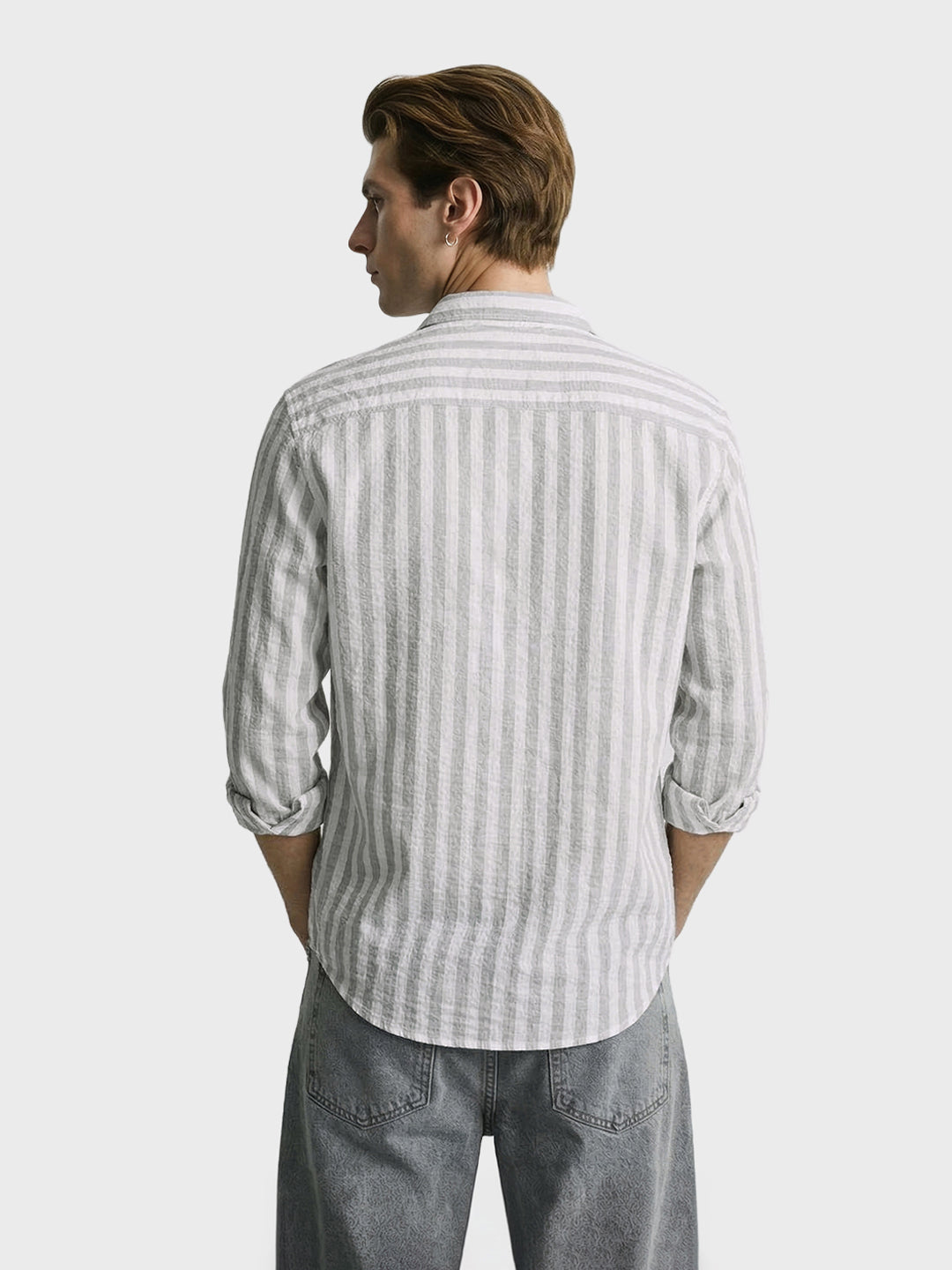 Men's Grey Relaxed Fit Striped Casual Shirt
