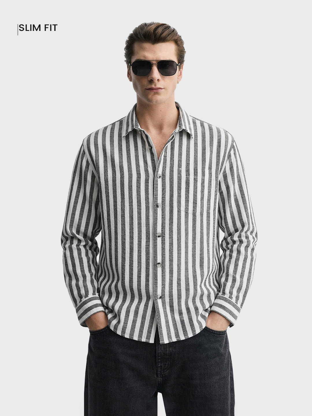 Men's Black Relaxed Fit Striped Casual Shirt