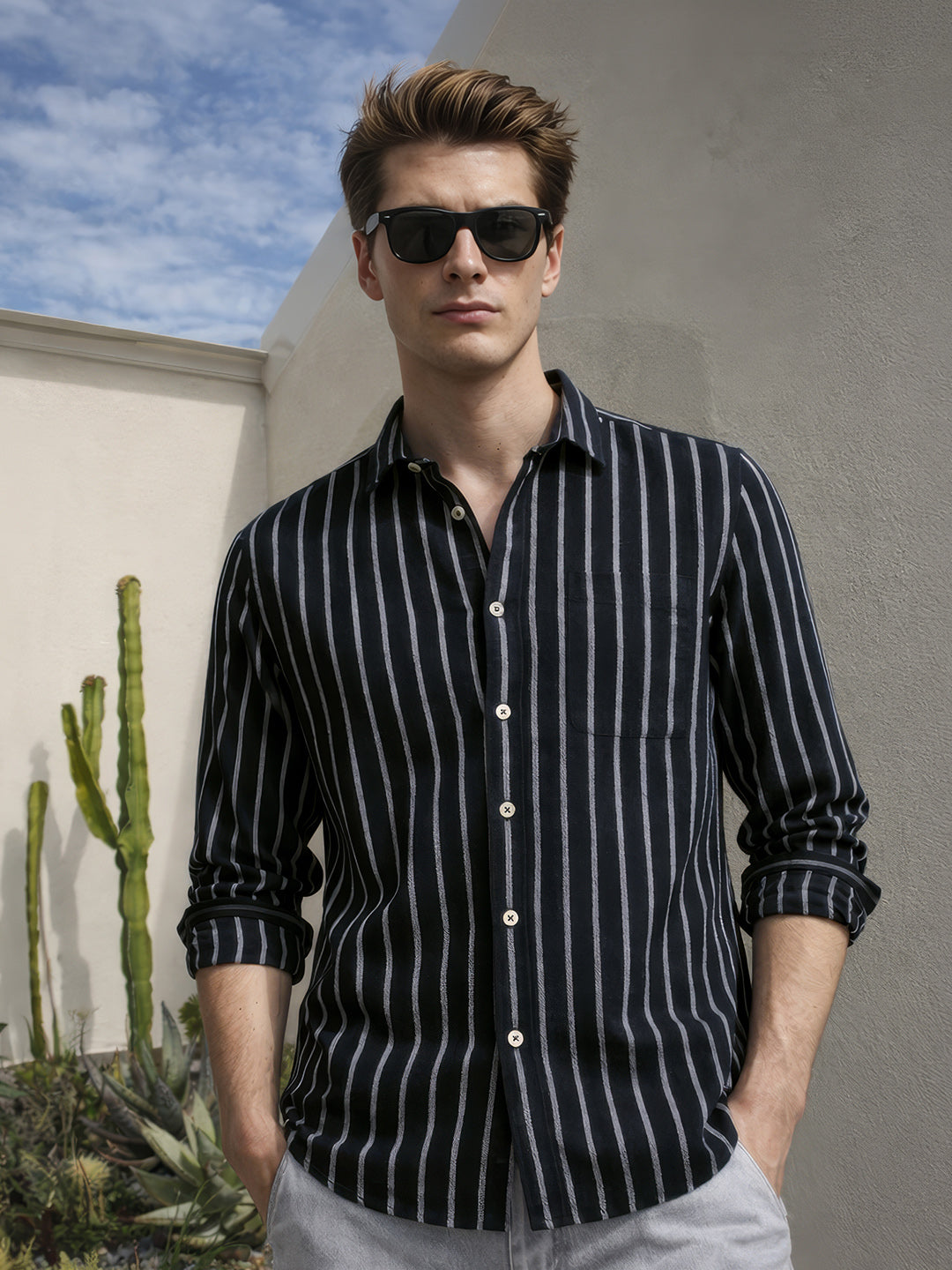 Men's Black Regular Fit Striped Casual Shirts