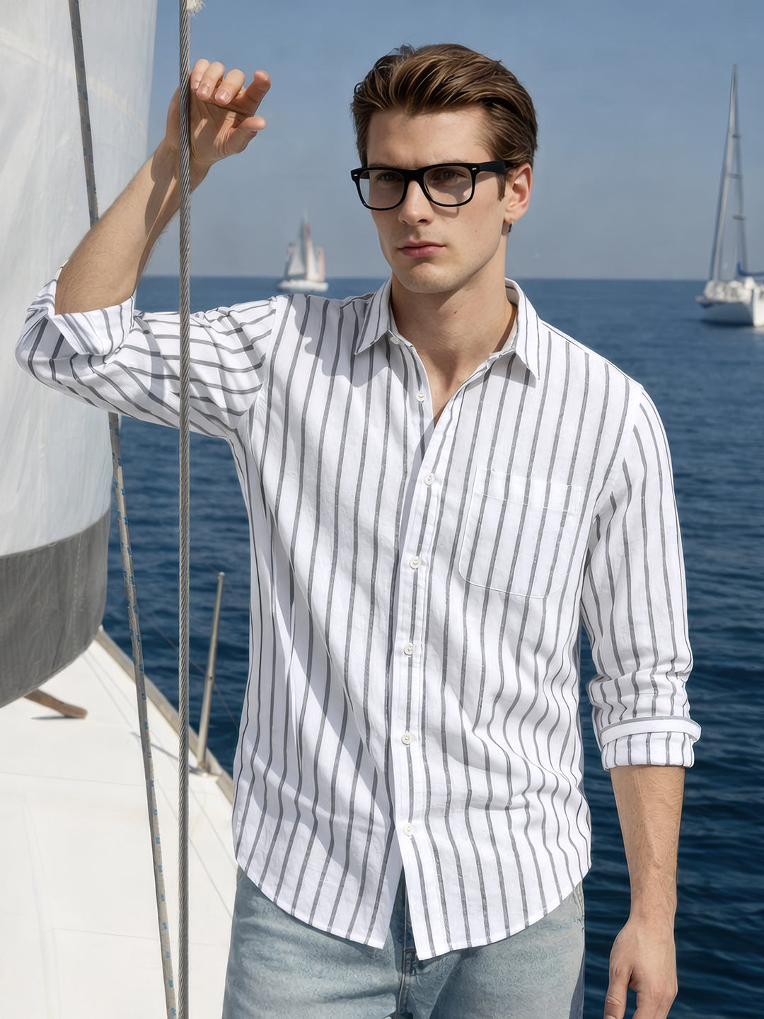 Men's White Relaxed Fit Striped Casual Shirts