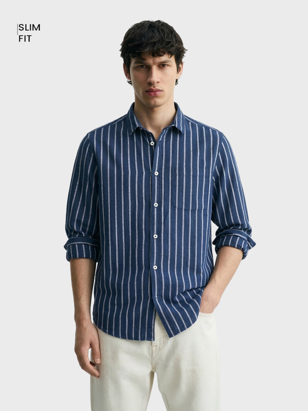 Men's Navy Blue Regular Fit Striped Casual Shirts