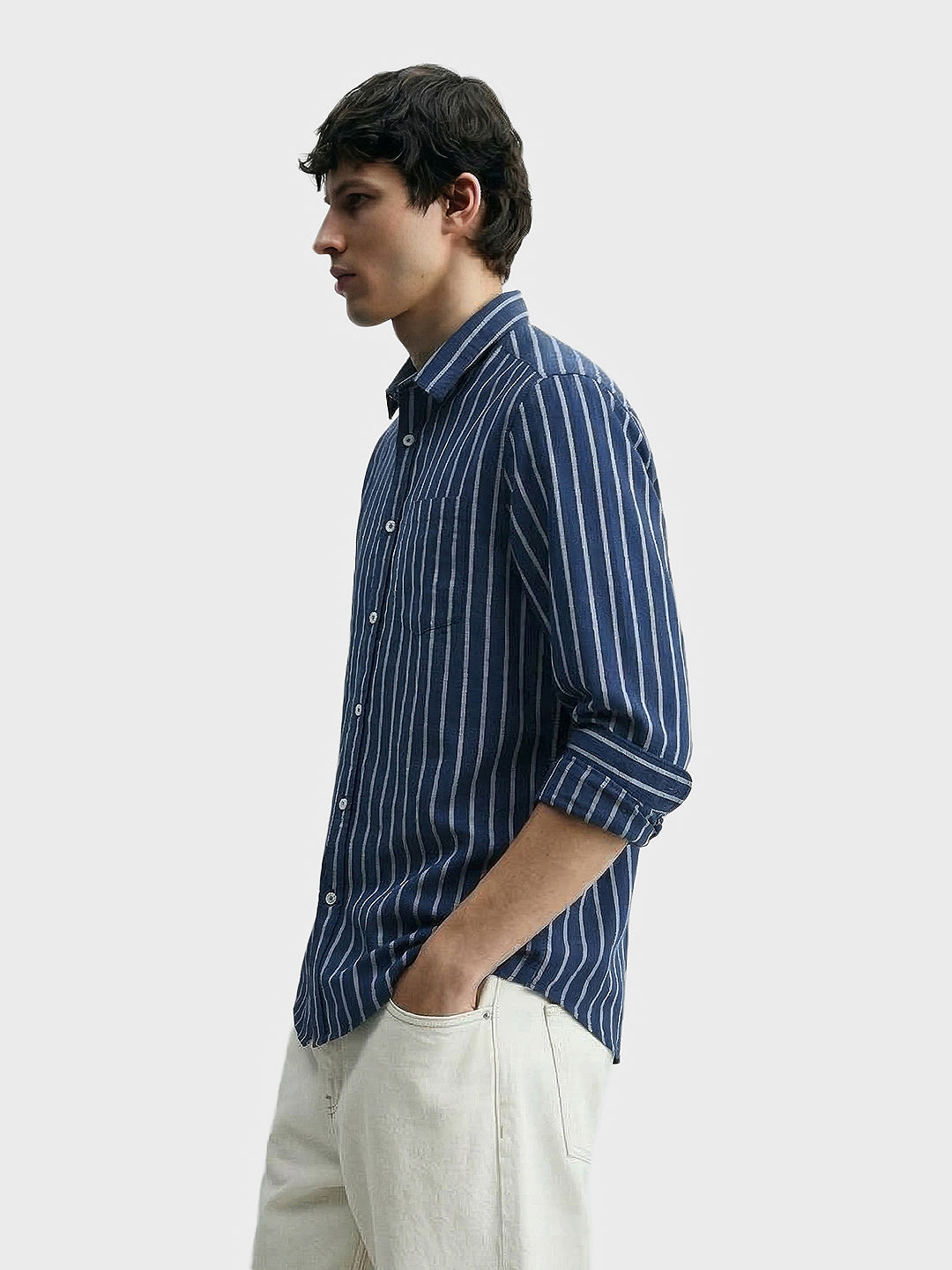 Men's Navy Blue Regular Fit Striped Casual Shirts