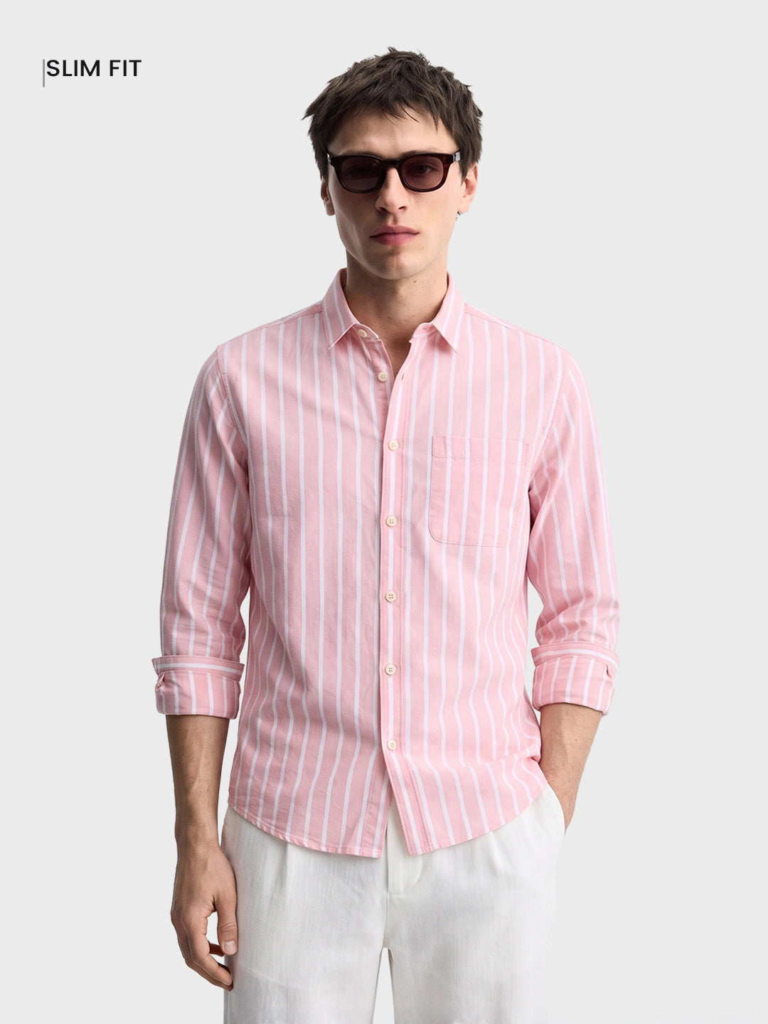 Men's Pink Slim Fit Striped Casual Shirt