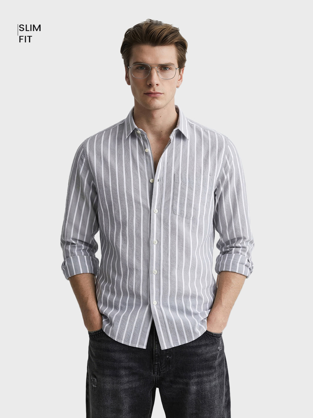 Men's Grey Slim Fit Striped Casual Shirts